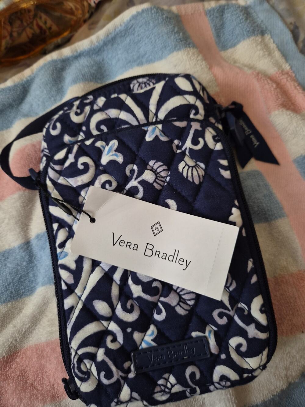 Vera Bradley RIFD Small Cellphone Crossbody In The Steal Blue Medallion Pattern